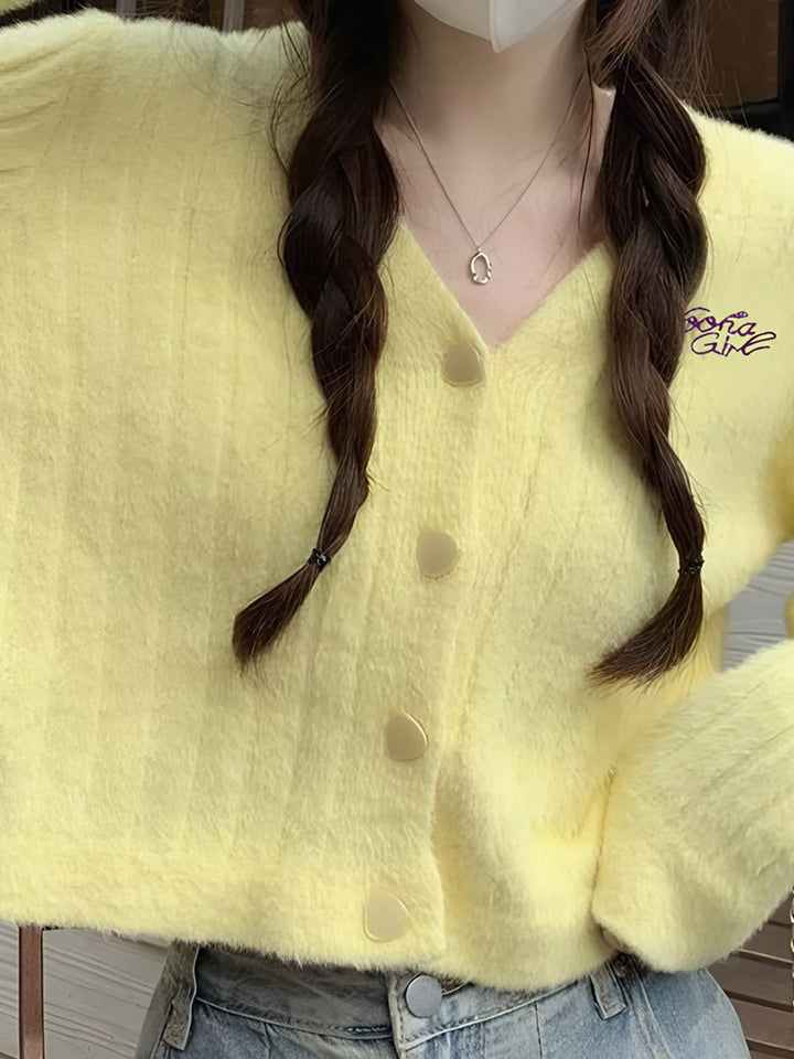 Yellow Fuzzy brushed knit button-up cropped cardigan