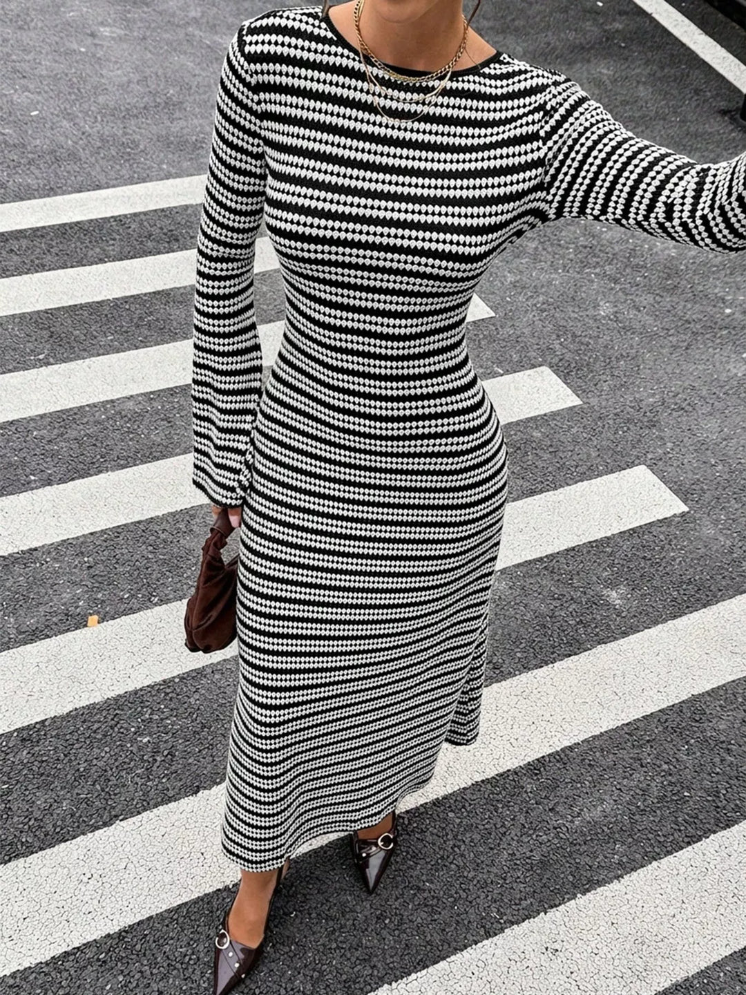 Striped knit maxi sweater dress with flared sleeves