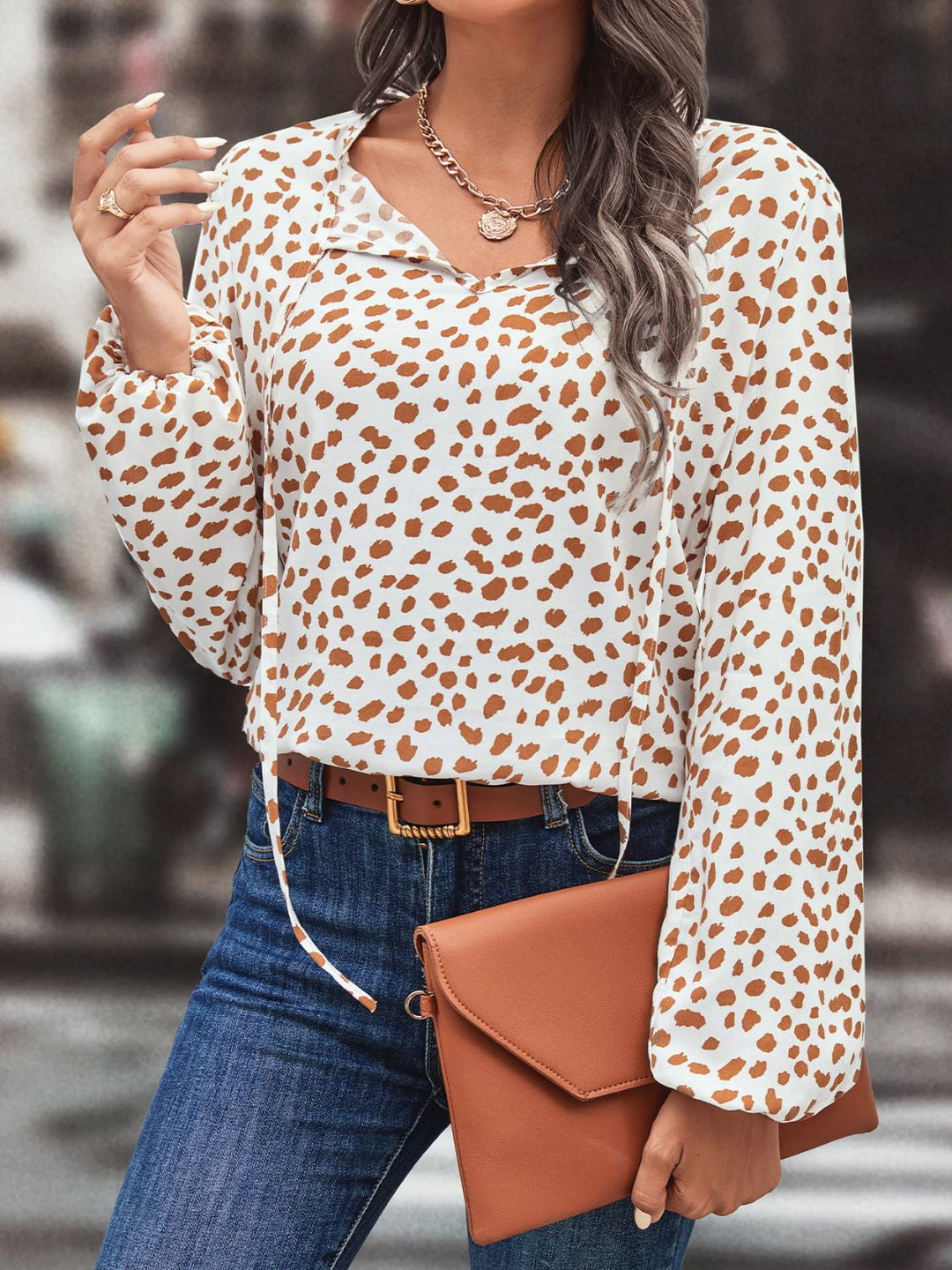 Floral print tie neck long sleeve blouse