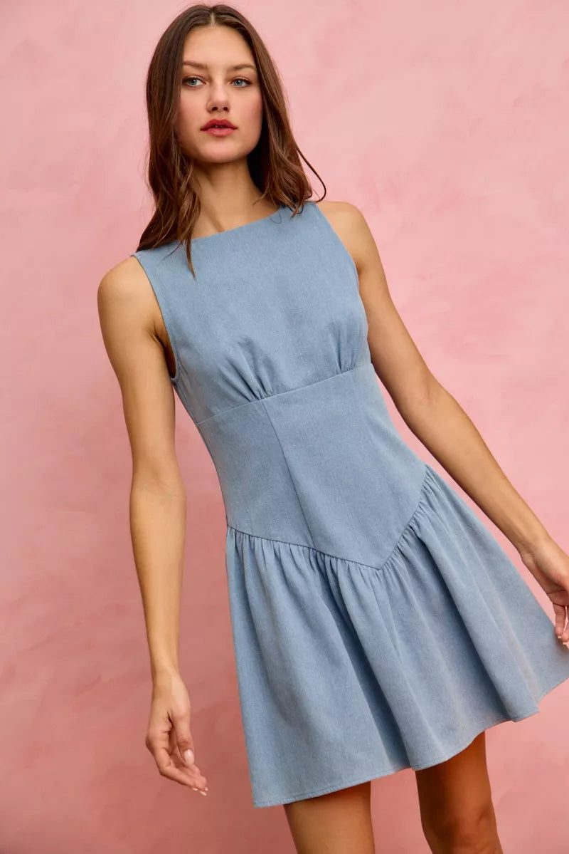 Sleeveless boat neck denim mini dress with flounce hem