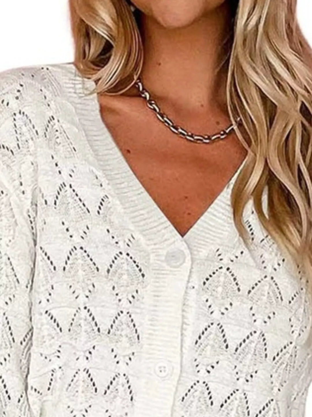 Pointelle openwork V-neck button-down knit cardigan