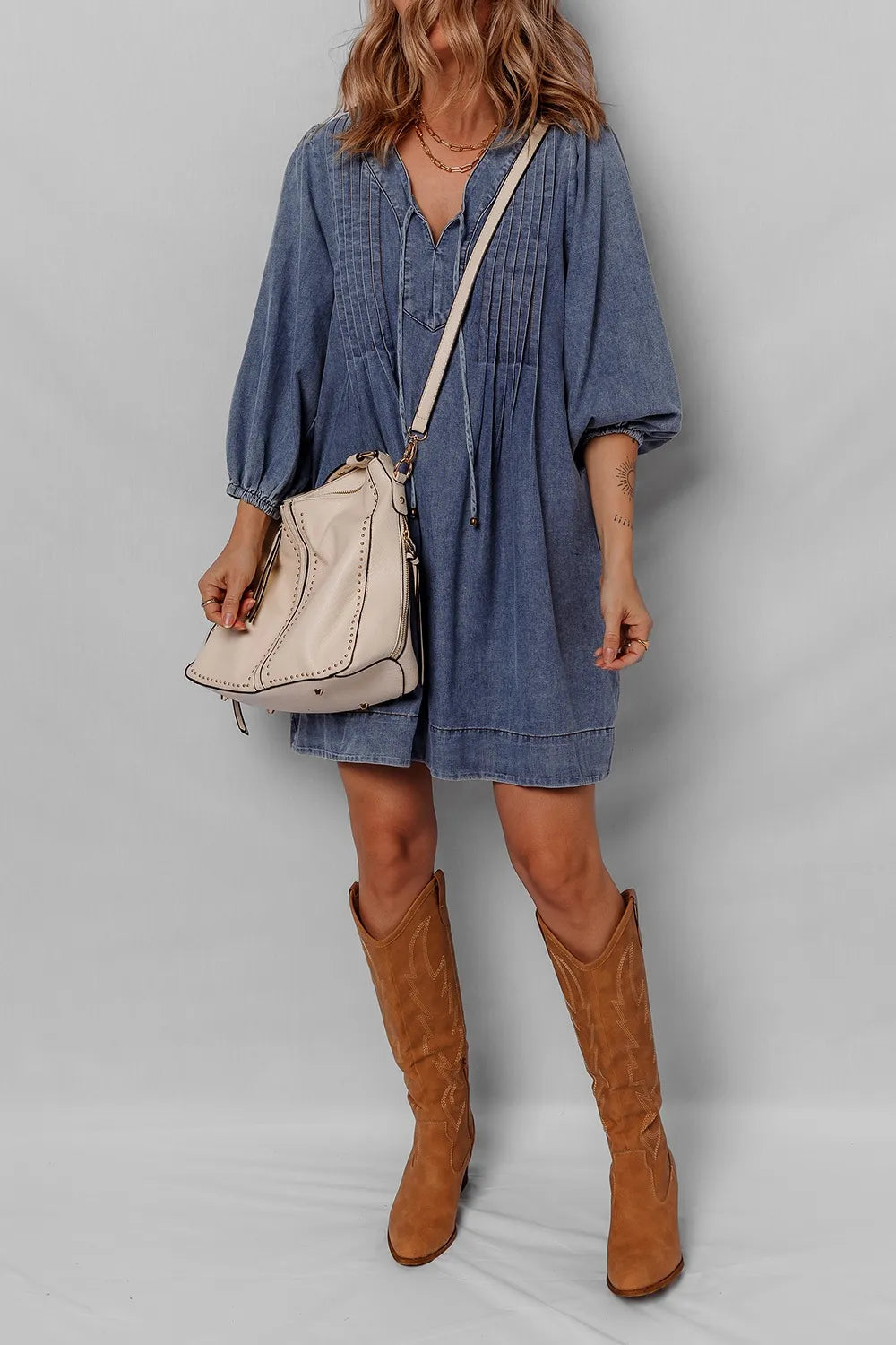 Pintucked tie-neck long sleeve denim mini dress