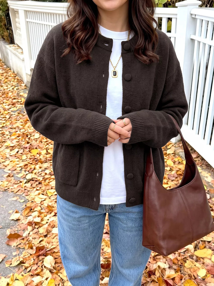 Brown Crew neck button-up knit cardigan with patch pockets
