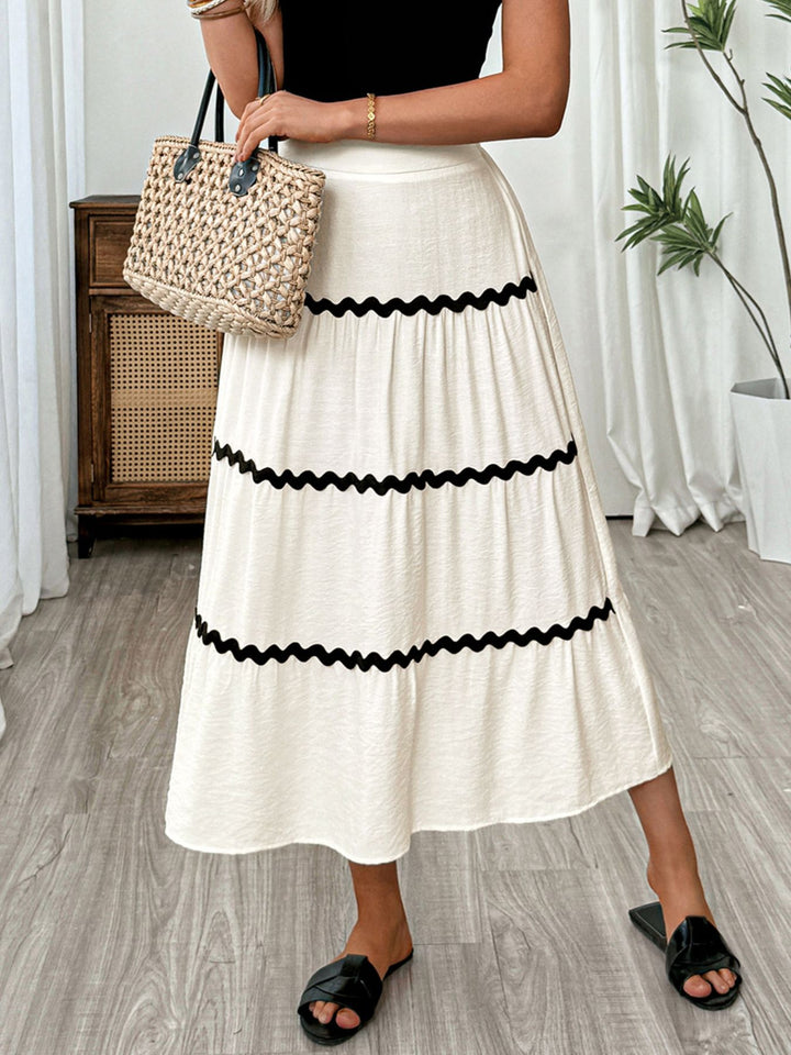 High-waist tiered midi skirt with ric-rac trim