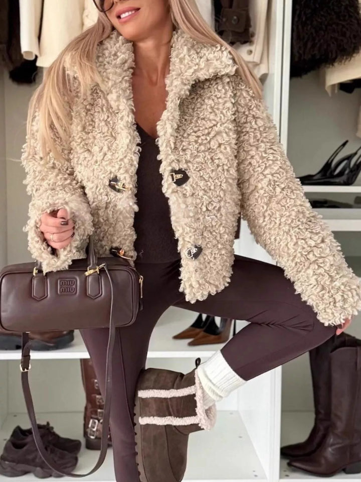 Khaki Cropped sherpa toggle-button jacket with spread collar