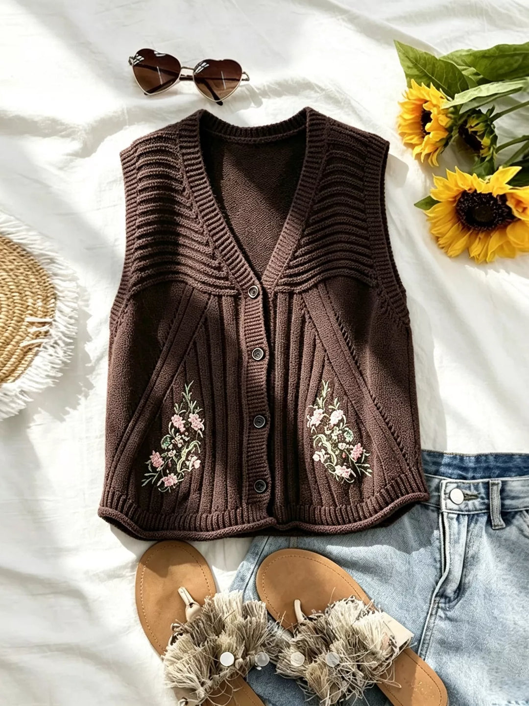 Floral embroidered knit sweater vest with button front