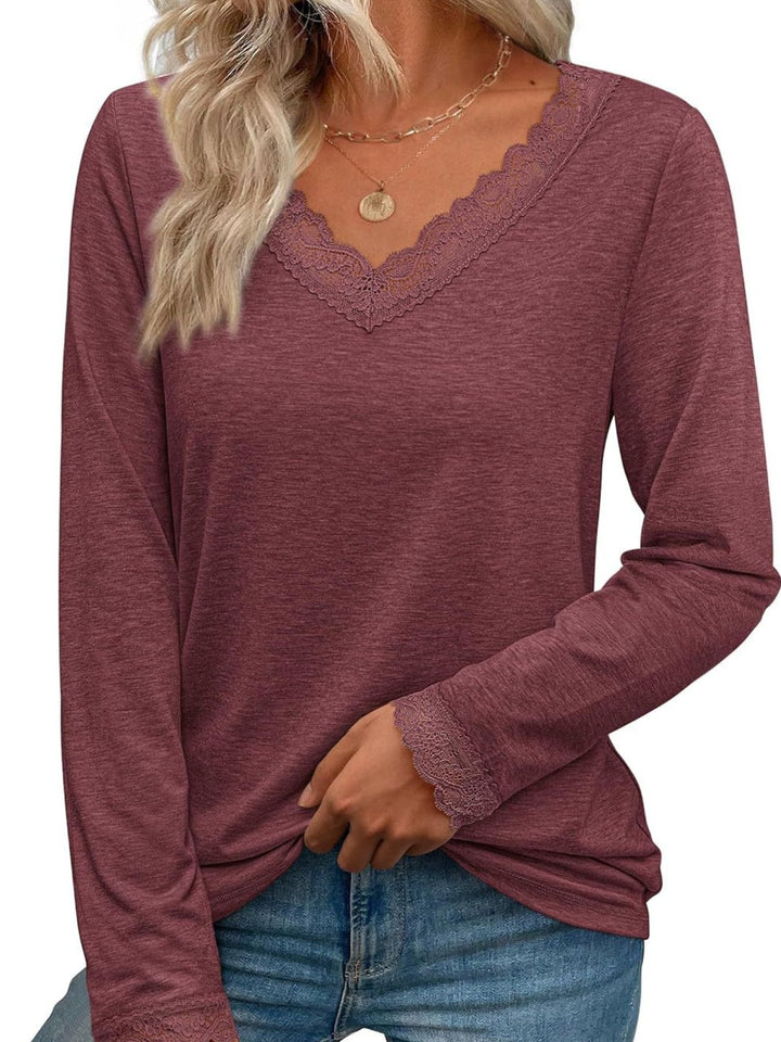 Burgundy Lace trim V-neck long sleeve top with lace cuffs