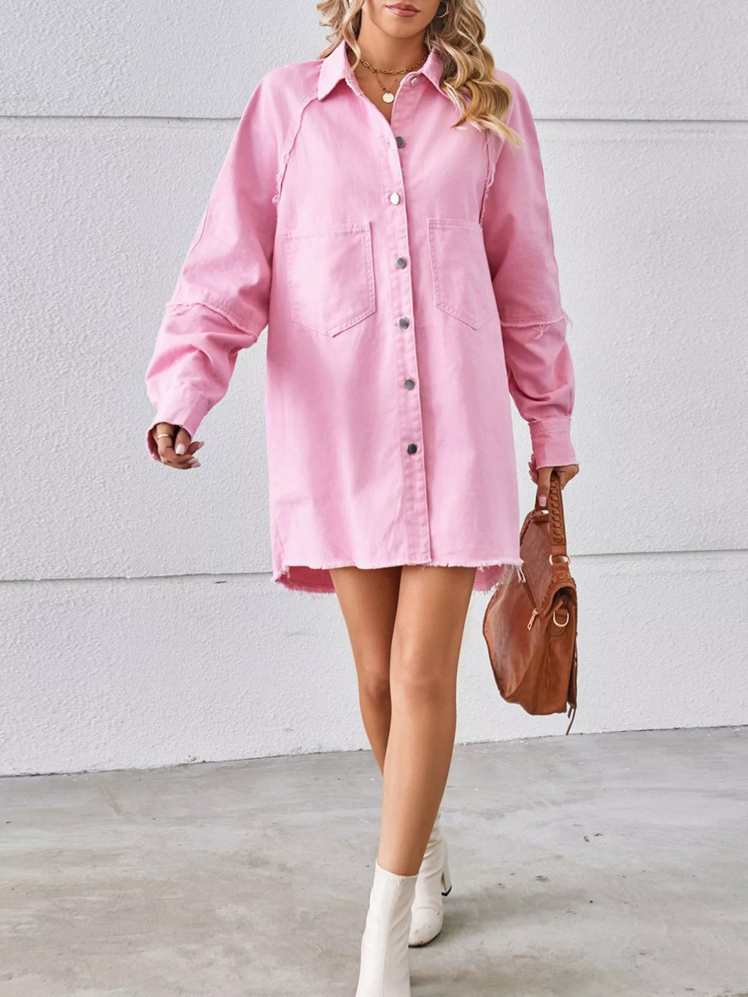 Oversized button-down raw hem denim shirt dress