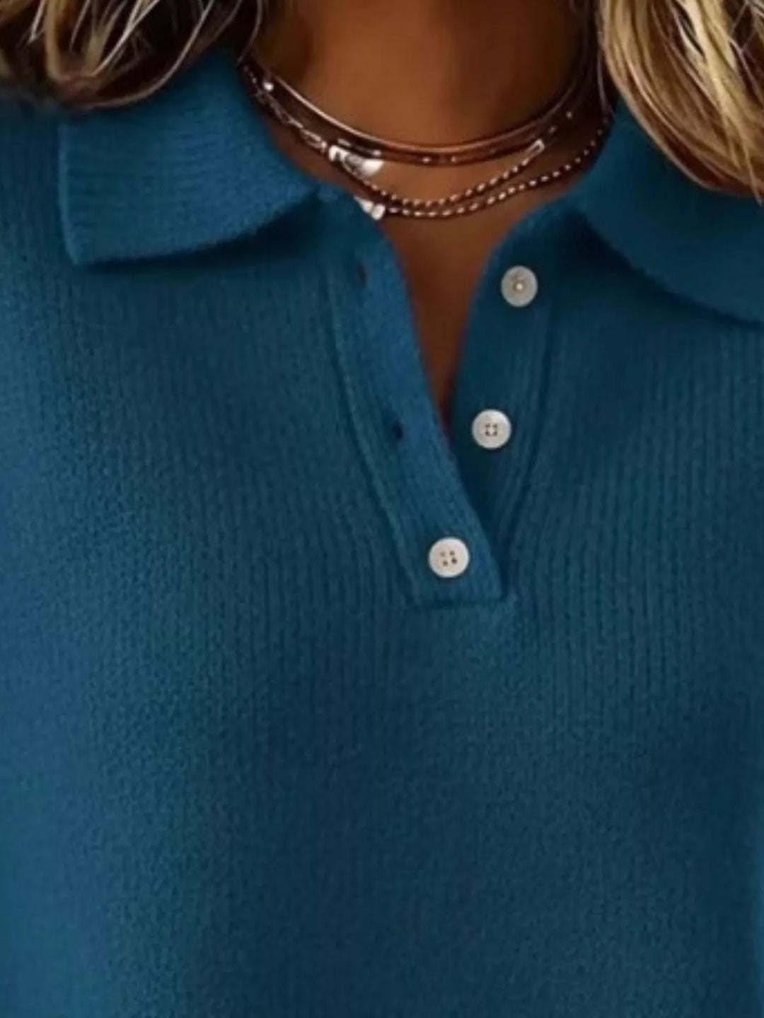 Dropped shoulder polo collar button knit sweater