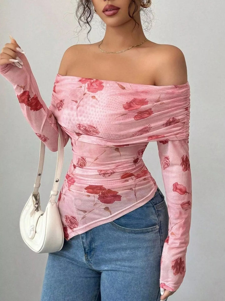 Sheer floral mesh off-shoulder top with ruched sides