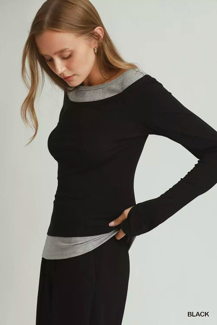 Twofer layered long sleeve top with contrast trim and thumbholes