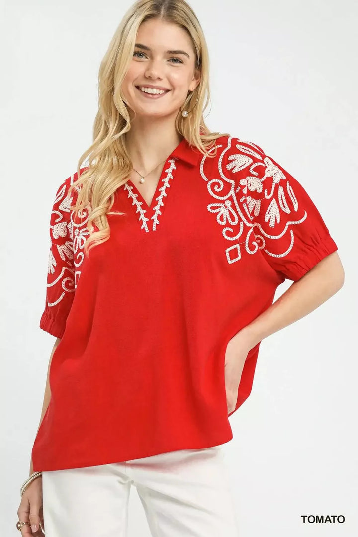 TOMATO Floral embroidered puff sleeve collared blouse