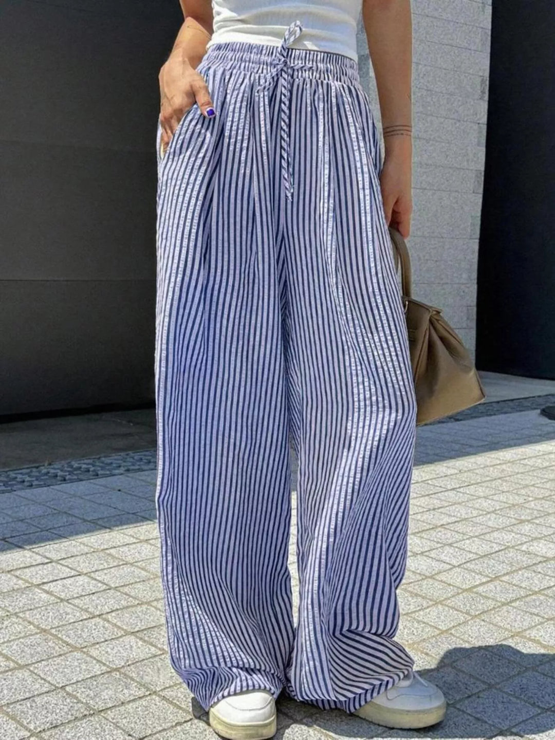 Blue Striped wide-leg drawstring pants with side pockets