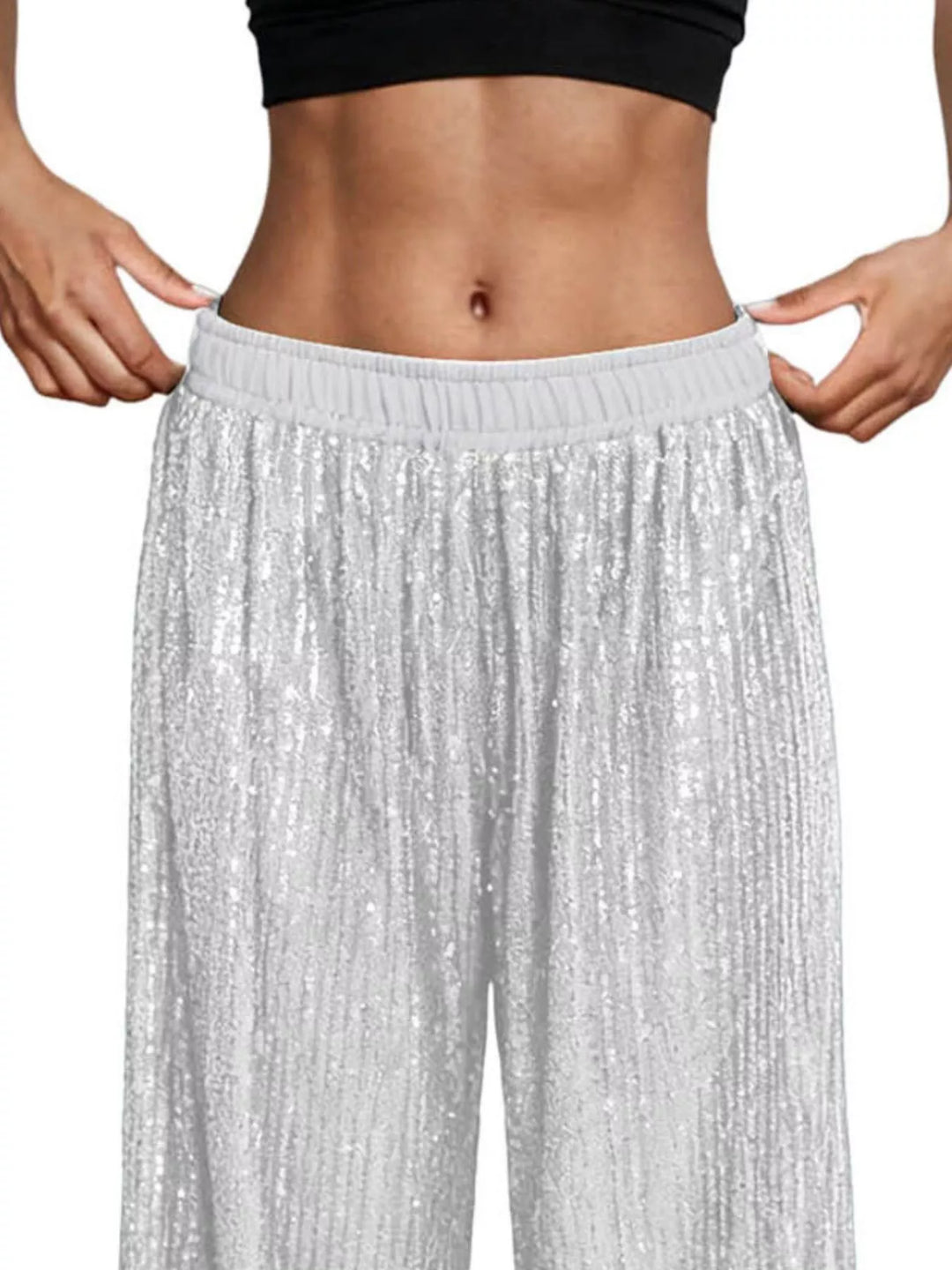 All-over sequin wide-leg pants with elastic waist