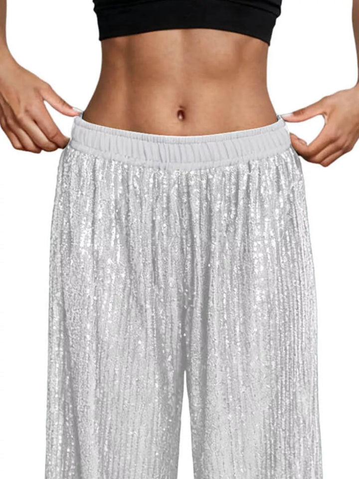 All-over sequin wide-leg pants with elastic waist