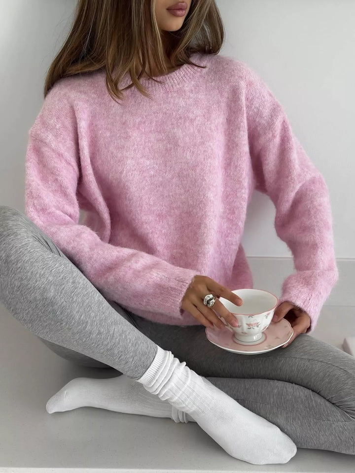 Pink Dropped shoulder brushed knit crew neck sweater