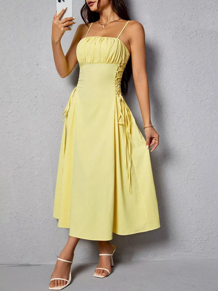Light Yellow Lace-up side A-line midi dress with ruched bodice