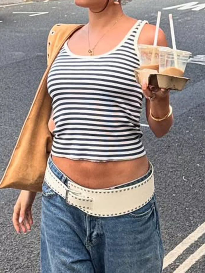 Striped ribbed scoop neck cropped tank top
