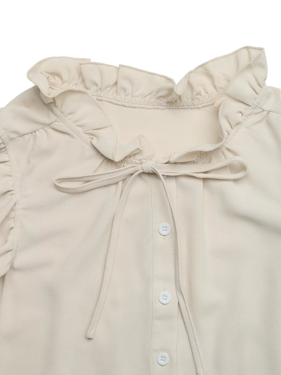 Ruffle sleeve tie-neck button-down blouse