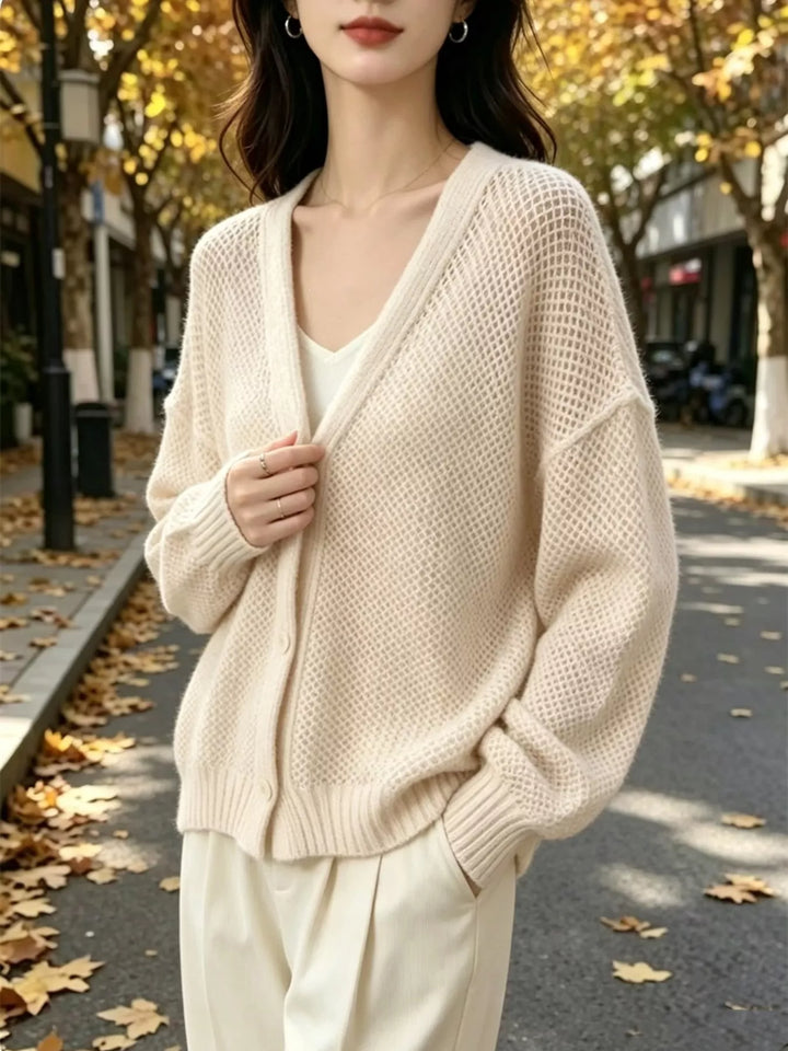 Open-knit V-neck button-front cardigan with ribbed trim