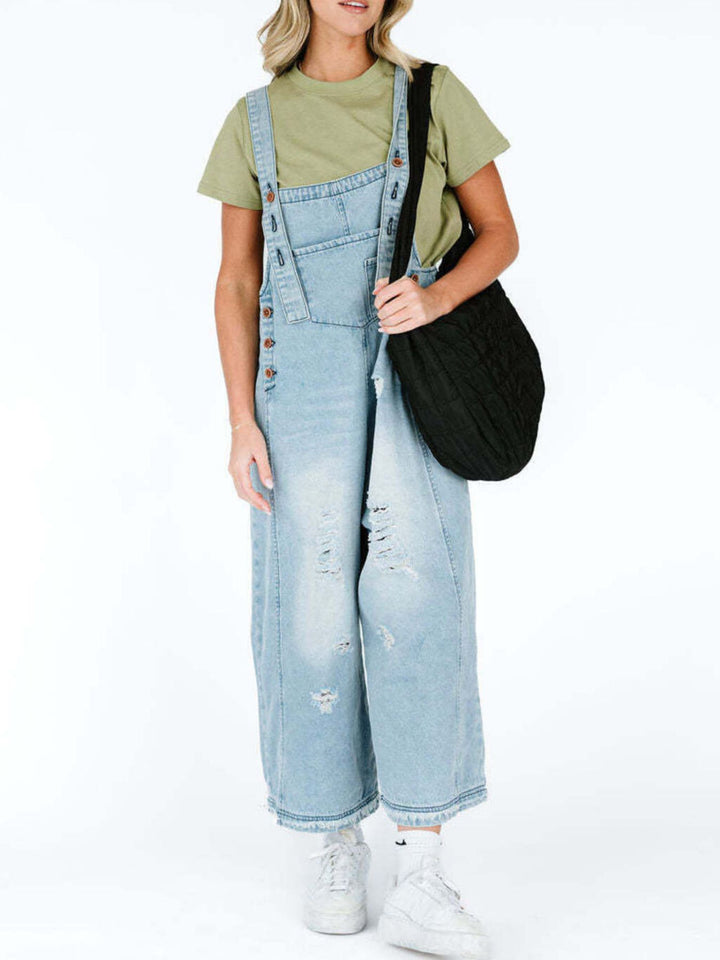 Distressed wide leg denim overalls with adjustable straps