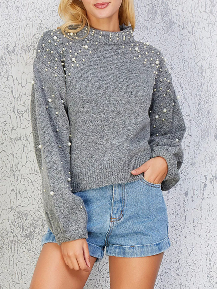Pearl-embellished mock neck sweater with balloon sleeves