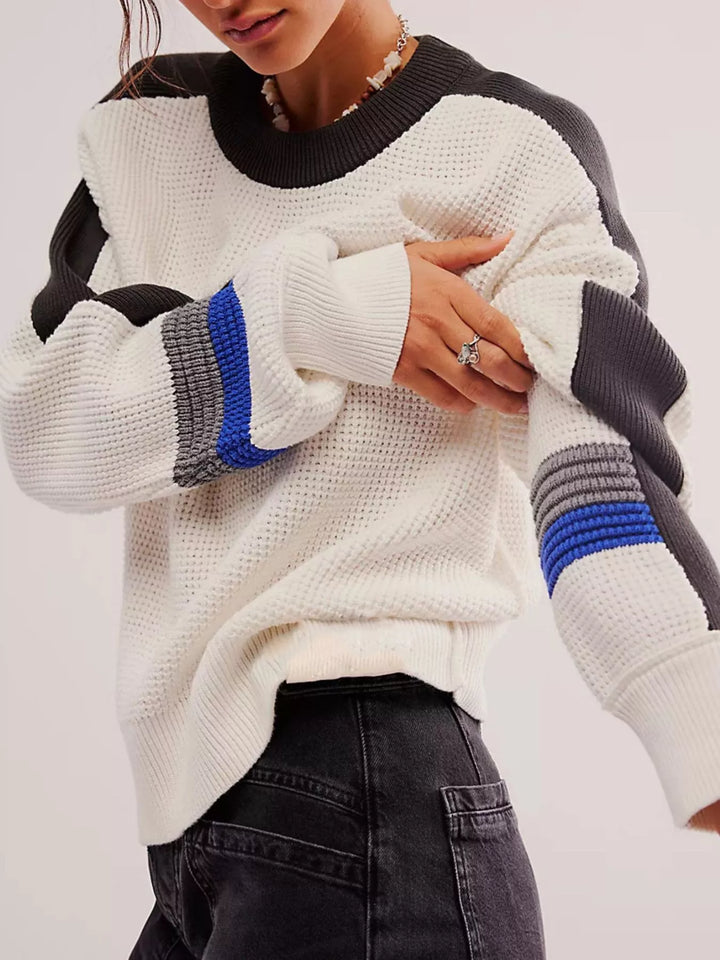 White Color block waffle-knit crew sweater with striped sleeves