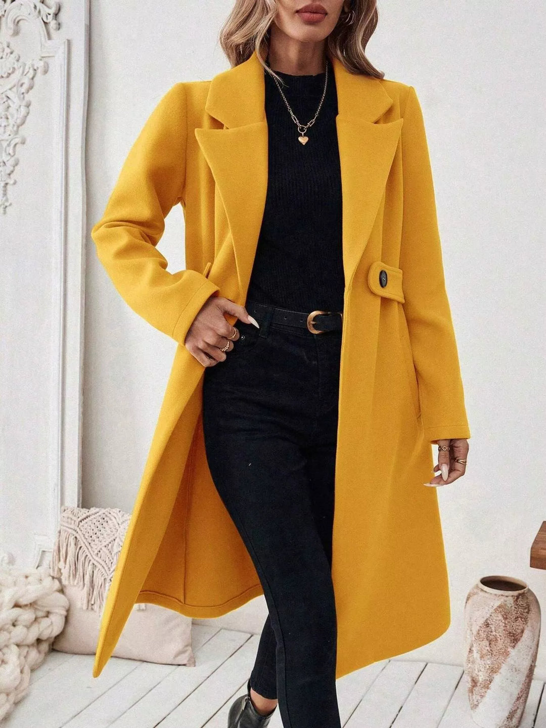 Yellow Longline notch lapel coat with single-button waist tab
