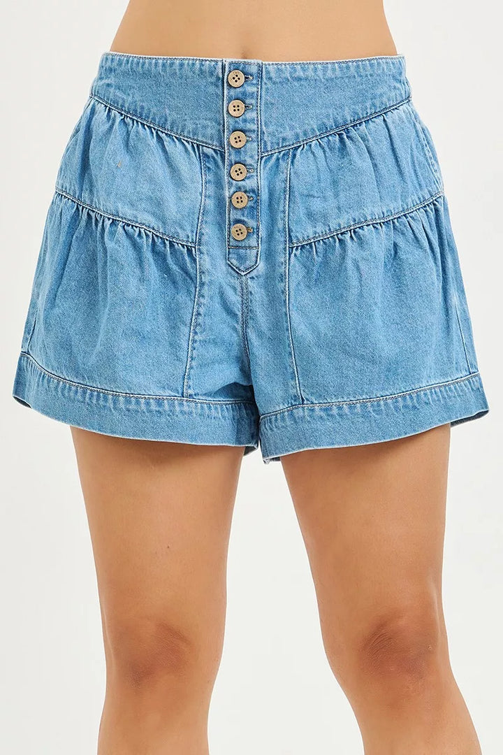 MEDIUM Shirred button-front denim shorts with elastic waist