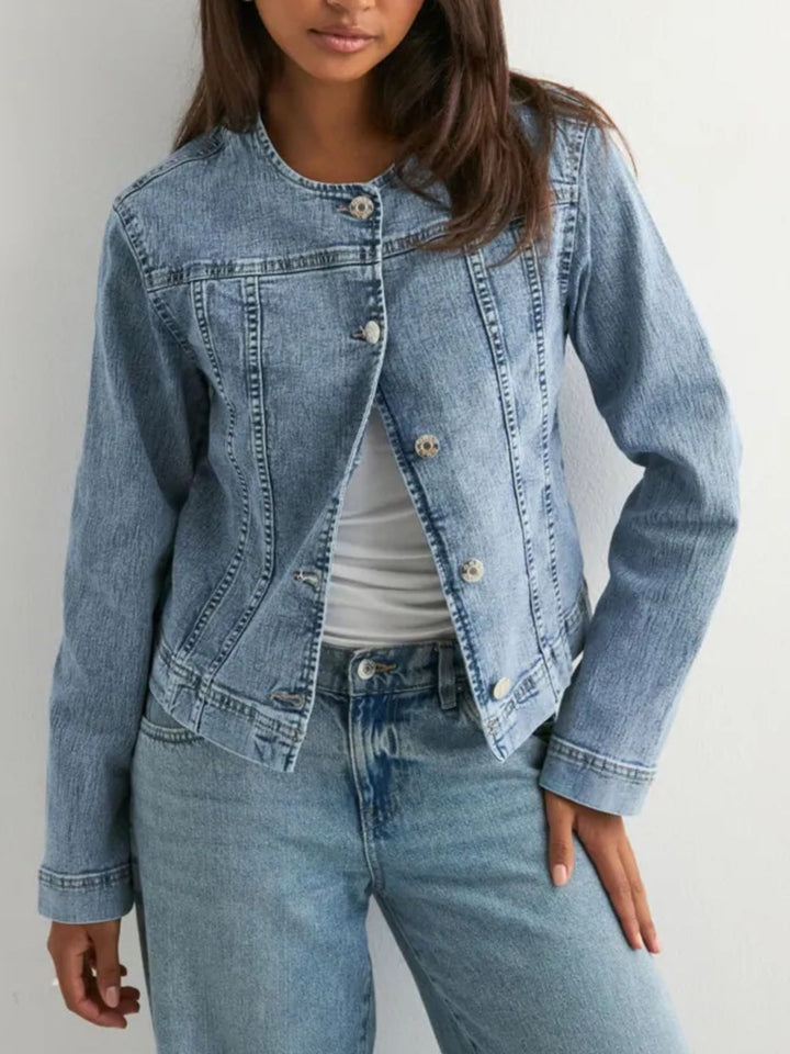 Light Blue Collarless button-front cropped denim jacket