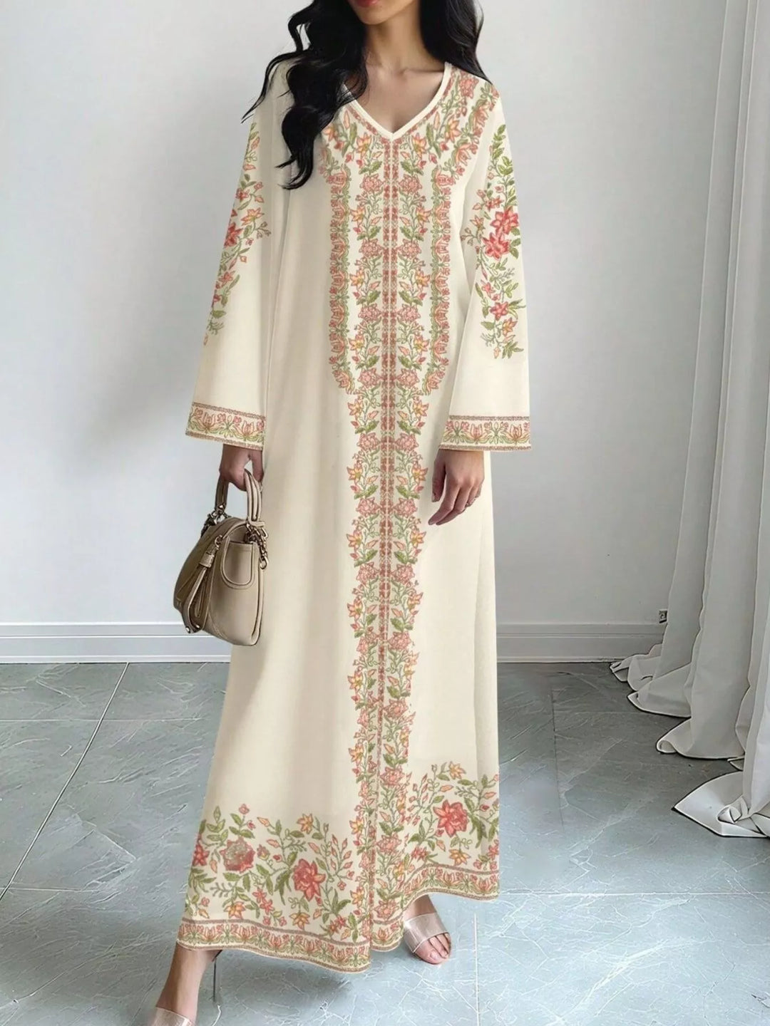 Floral border print V-neck long sleeve maxi dress
