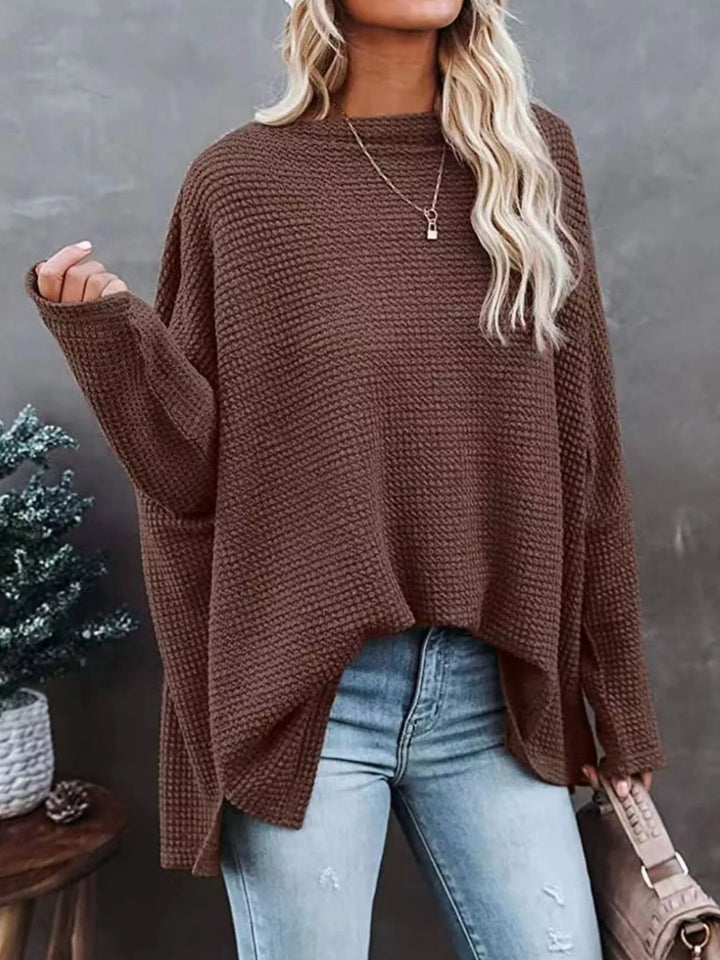 Coffee Oversized waffle-knit boat neck long sleeve top