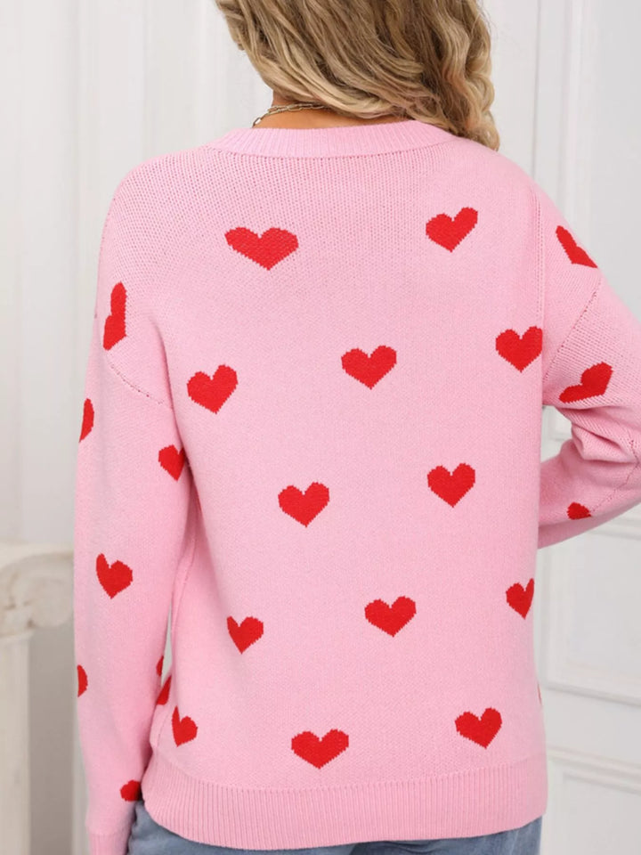 Heart pattern dropped shoulder crew neck sweater