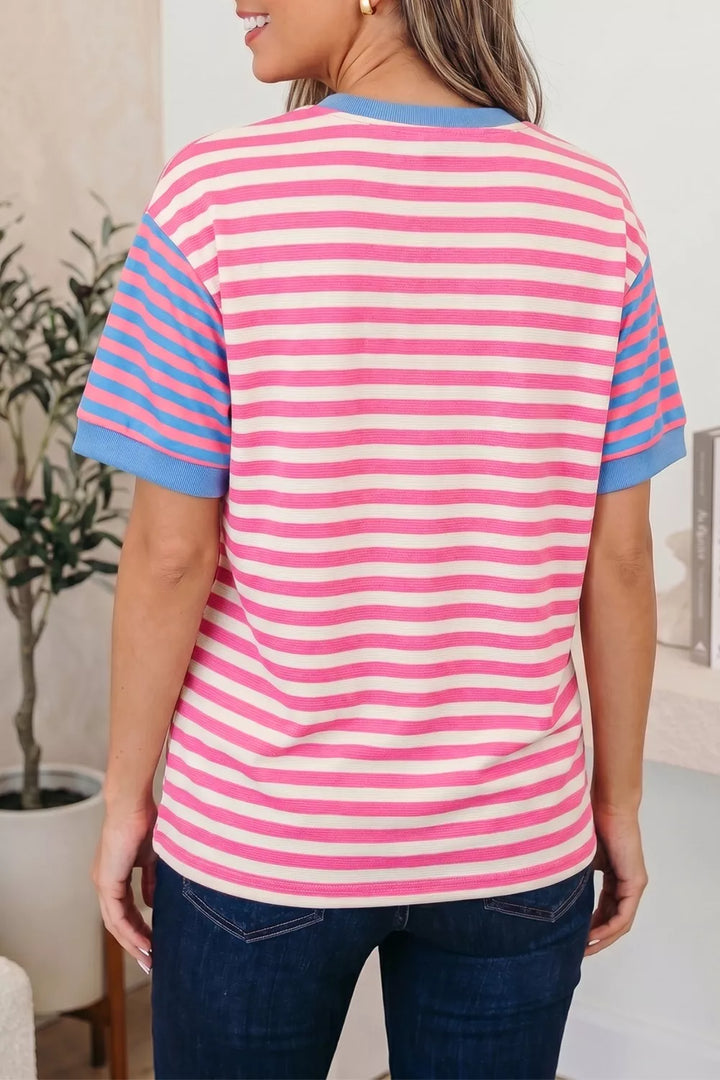 Striped colorblock short sleeve crew neck tee