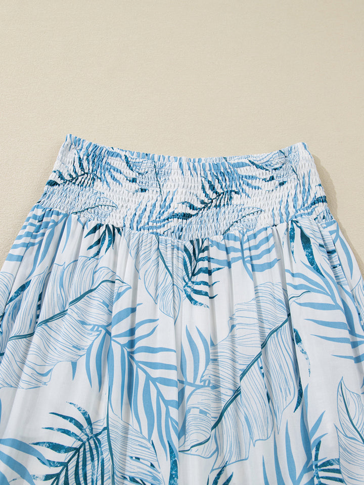 Tropical leaf print shirred-waist wide-leg pants