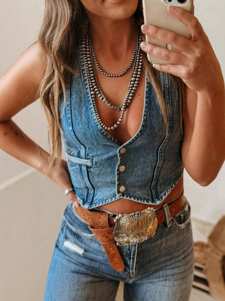 Medium Vintage wash button-front cropped denim vest