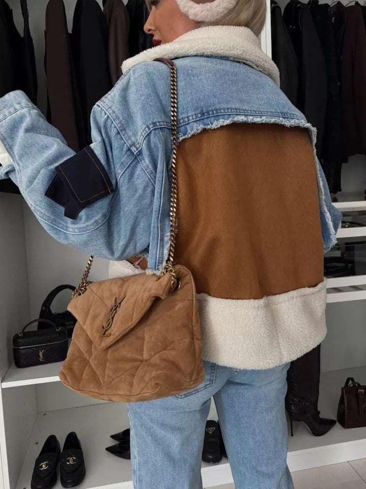Sherpa panel denim jacket with raw hem and notch lapel