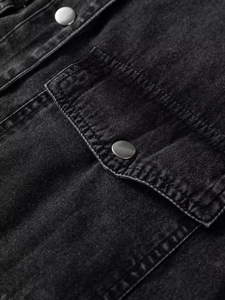 Loose-fit denim shirt dress with raw hem and chest pockets