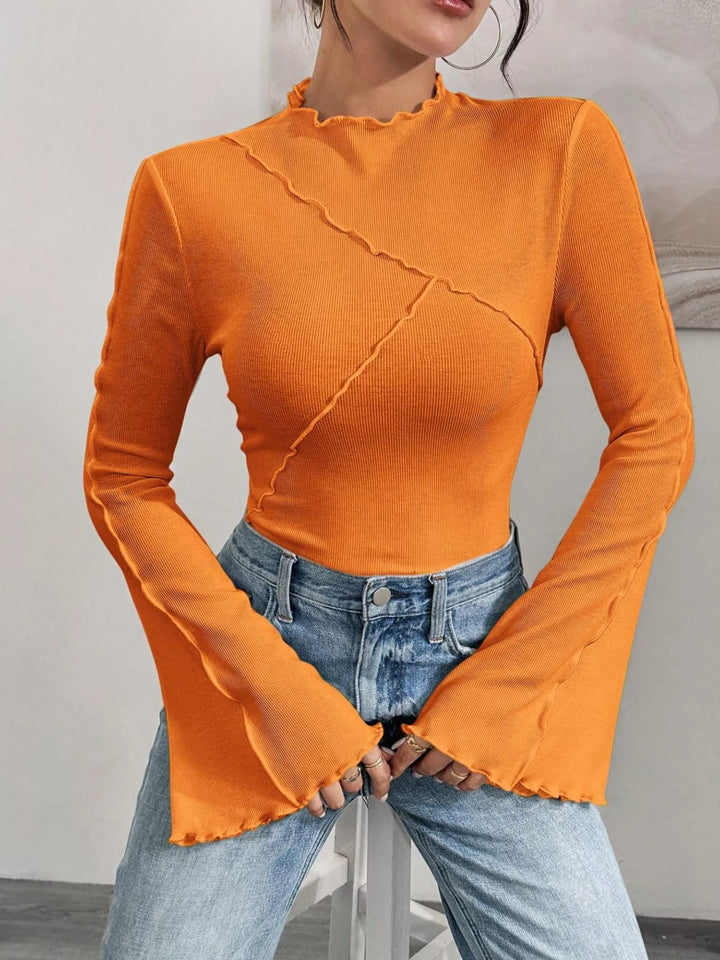 Ribbed knit mock neck top with lettuce-edge flare sleeves