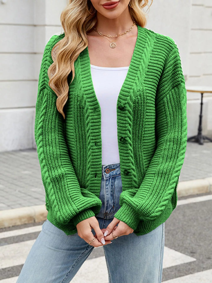 Cable knit button-front cardigan with drop shoulder sleeves