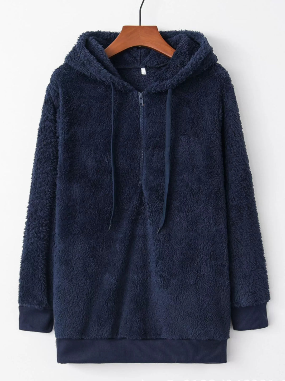 Blue Plush half-zip fleece hoodie with drawstring hood and pockets