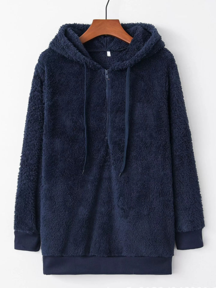 Blue Plush half-zip fleece hoodie with drawstring hood and pockets