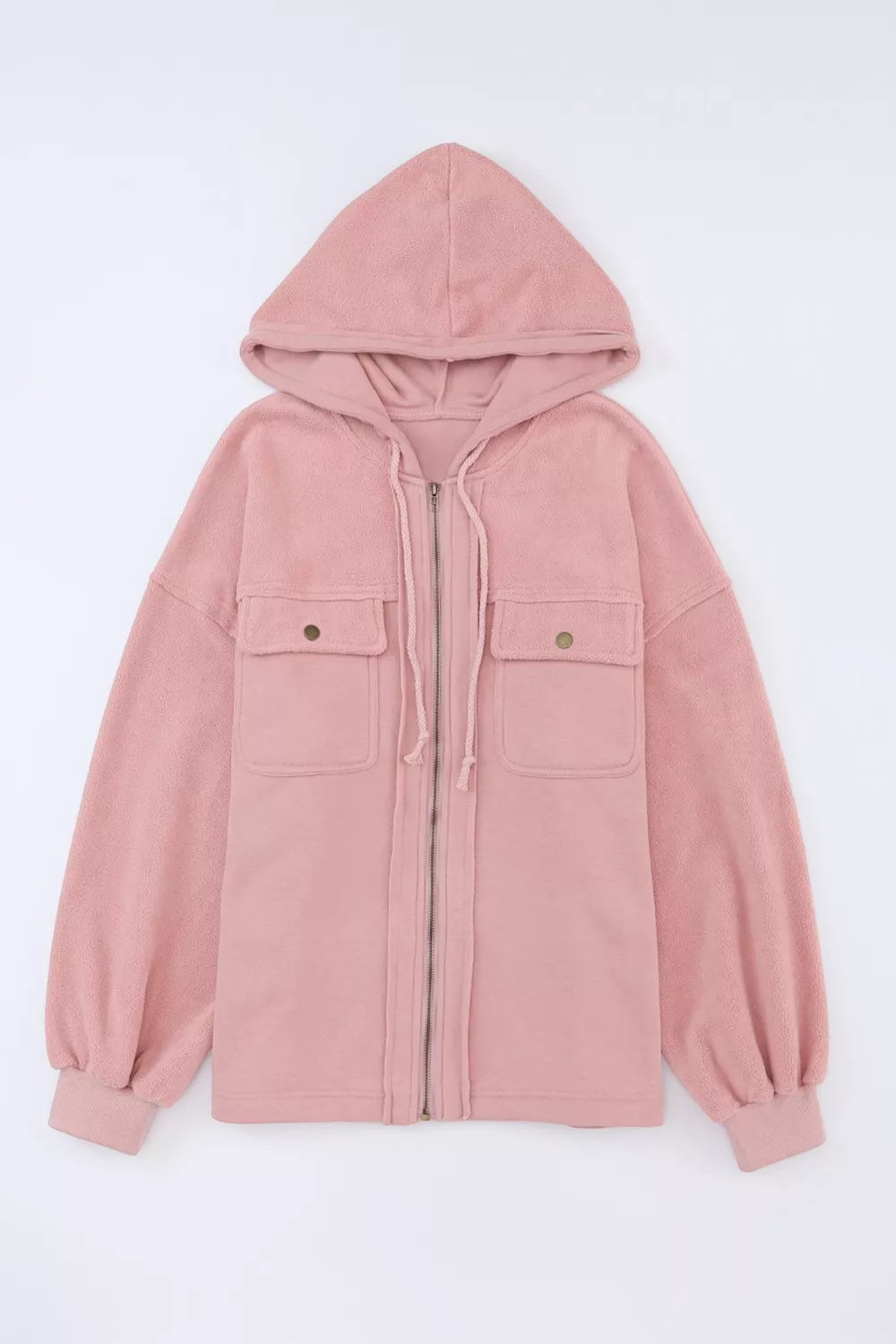 Zip-up hooded fleece jacket with flap pockets