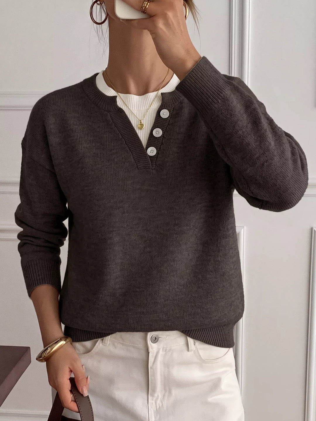 Coffee Brown Three-button henley placket knit sweater with ribbed trim