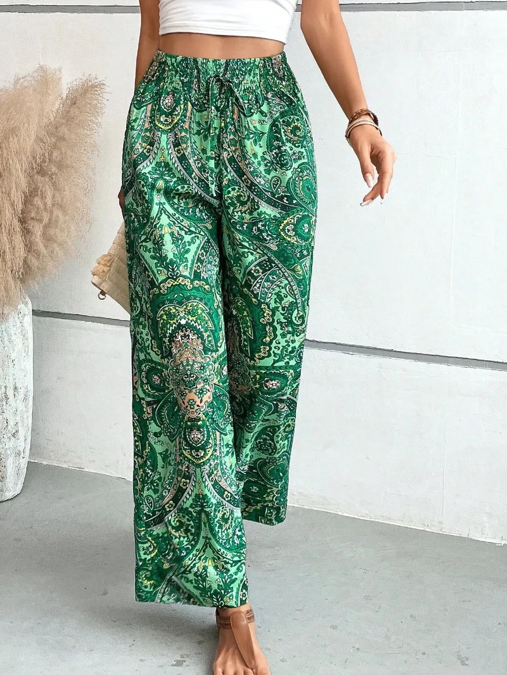Paisley print wide-leg pants with drawstring waist