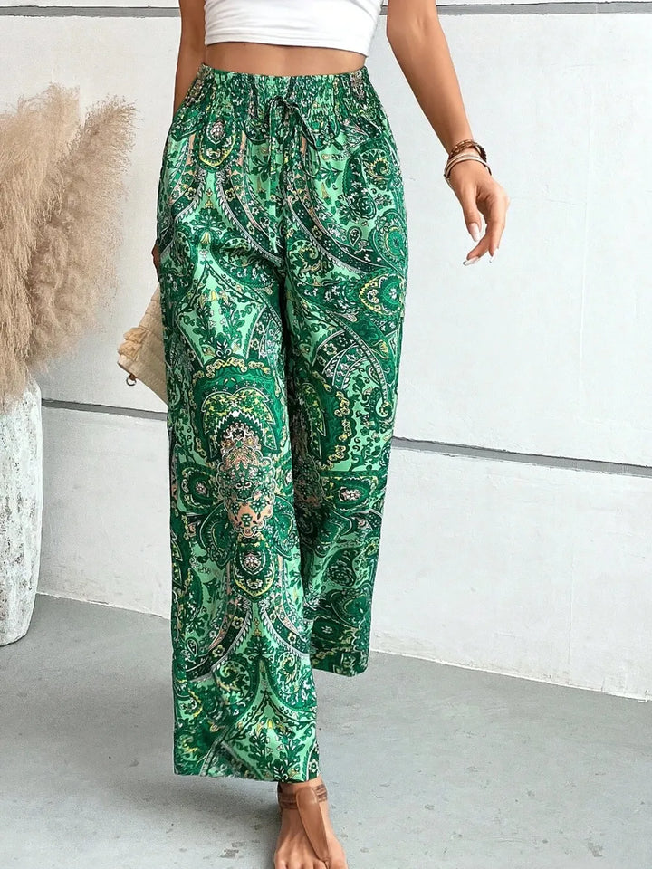 Paisley print wide-leg pants with drawstring waist