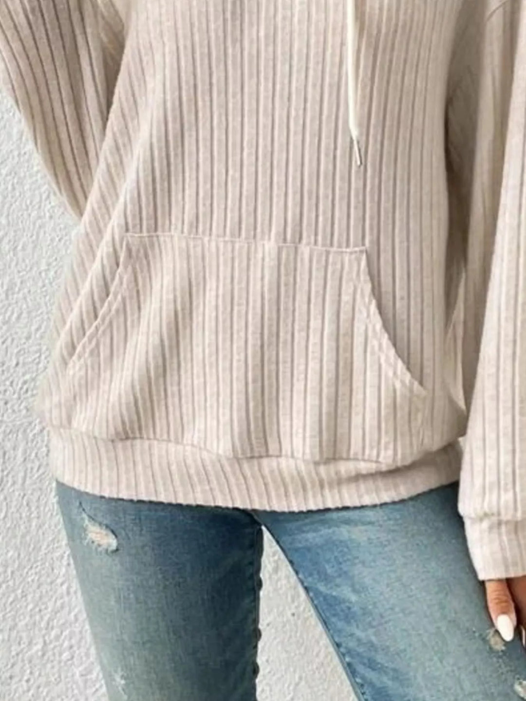 Ribbed knit hoodie with drawstring and kangaroo pocket