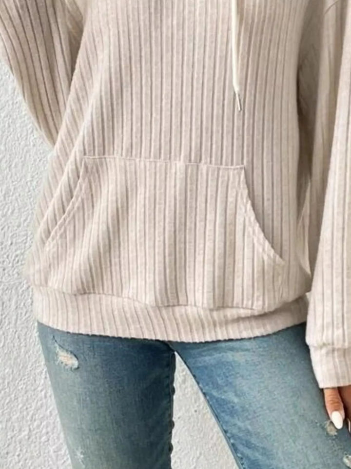 Ribbed knit hoodie with drawstring and kangaroo pocket