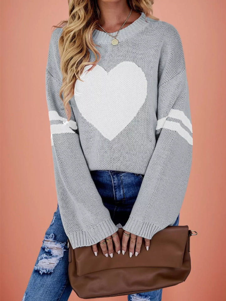 Gray Heart intarsia drop shoulder sweater with varsity stripe sleeves