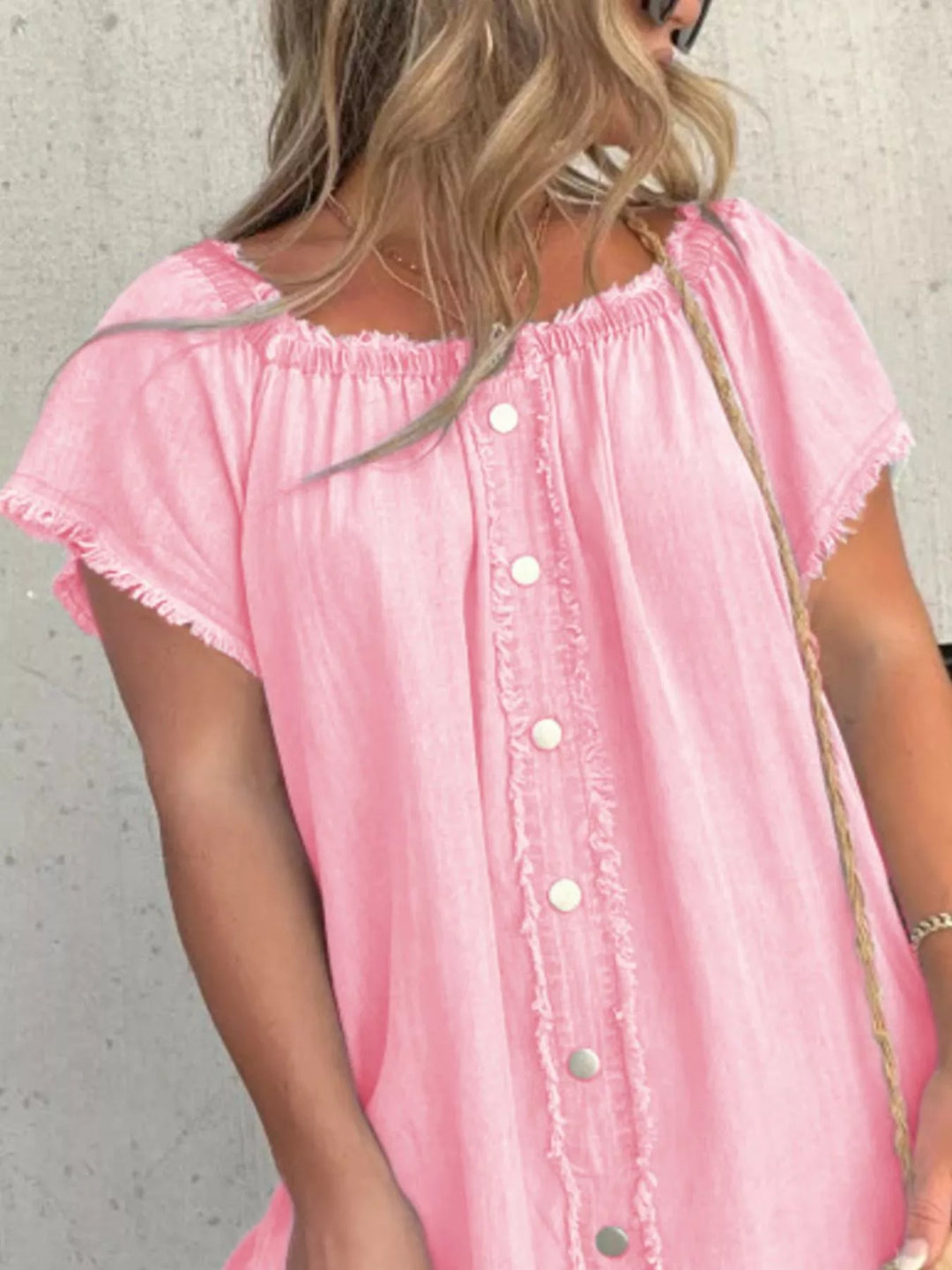 Frayed off-shoulder button-down denim mini dress